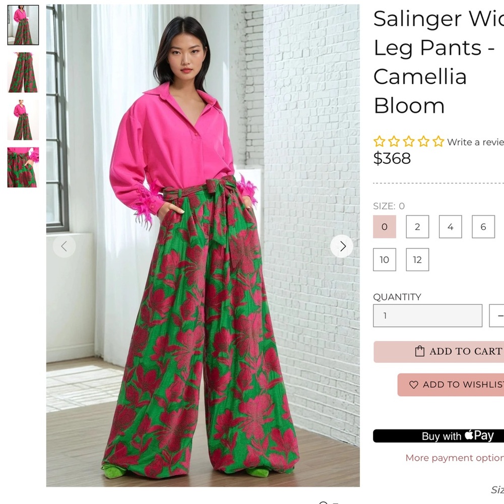 EVA FRANCO Salinger Palazzo wide Leg Pants Textured Green Pink Camiella bloom - Picture 5 of 15